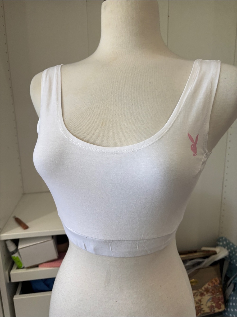PLAYBOY White Cropped Scoop Tank with Pink Bunny Logo